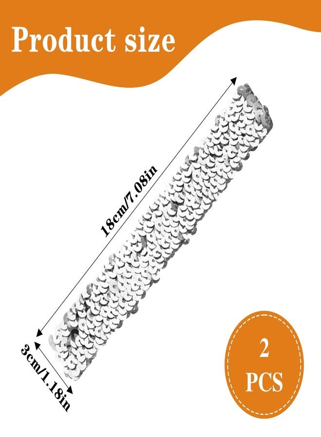 Exclaith 2Pcs Silver Sequins Headband for Women, Elastic Glow Stretch Sparkle Glitter Fashion Adjustable Hair Band Accessories 80s 90s Vintage for Disco Party Club Concert Women - Image 2